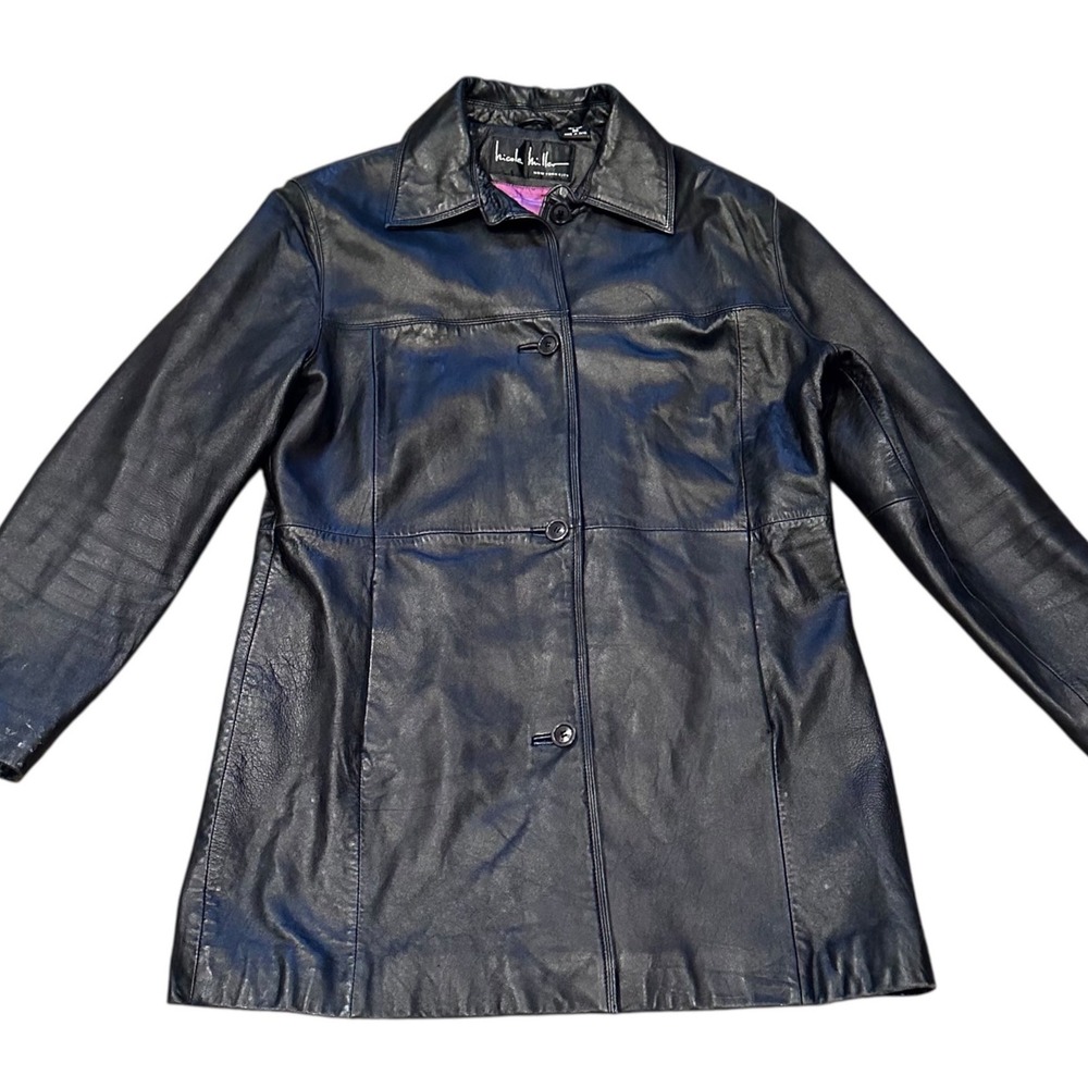 Nicole Miller Leather Jacket Women Size Medium Black Good Button Front Pockets